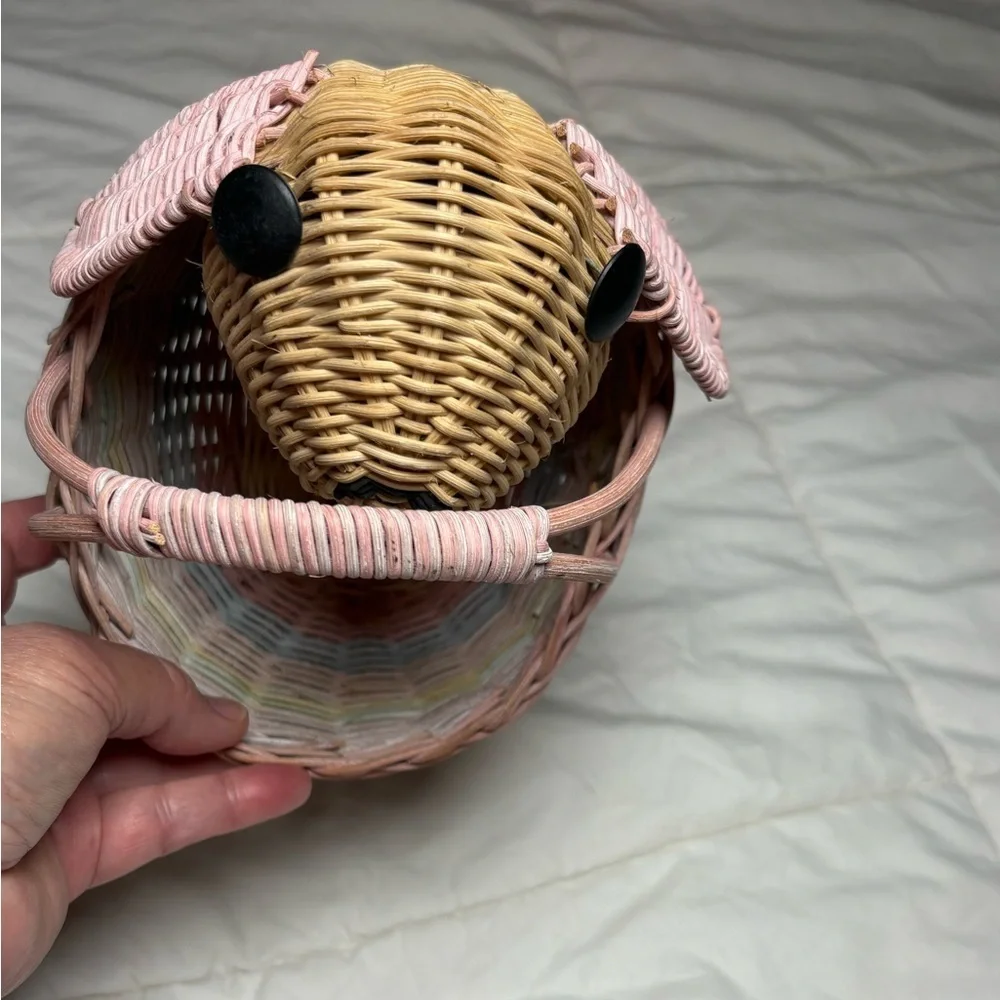 Vintage Woven Easter Bunny Basket with Pink, Blue, and Tan Accents